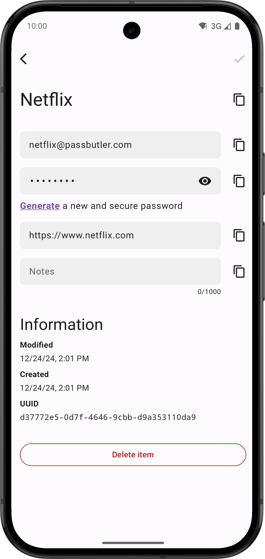 Screenshot of password item detail screen